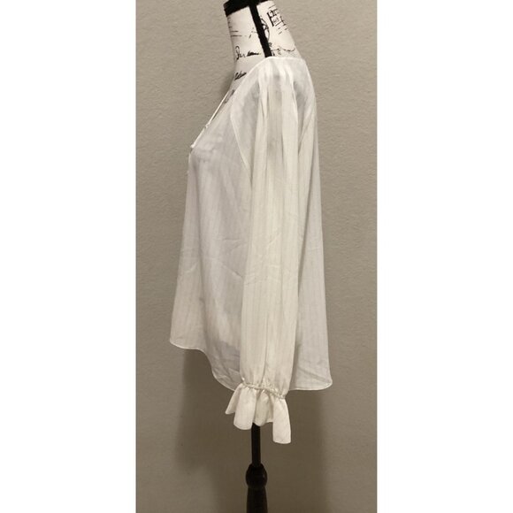 Rose + Olive White Long Sleeve Button-Front Blouse W/ Ruffle Cuffs & Pinstripe - Picture 3 of 5